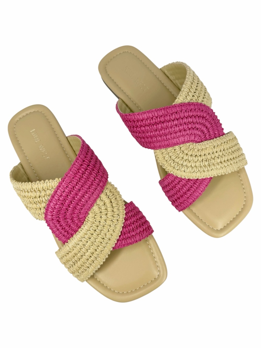 Nine West Women's Quara Woven Flat Slip-On Sandals Light Natural/Pink Size 9.5M